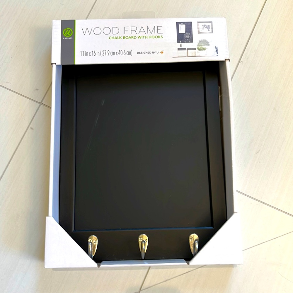 NWT wood framed chalkboard with hooks. Never use. 11 x 16